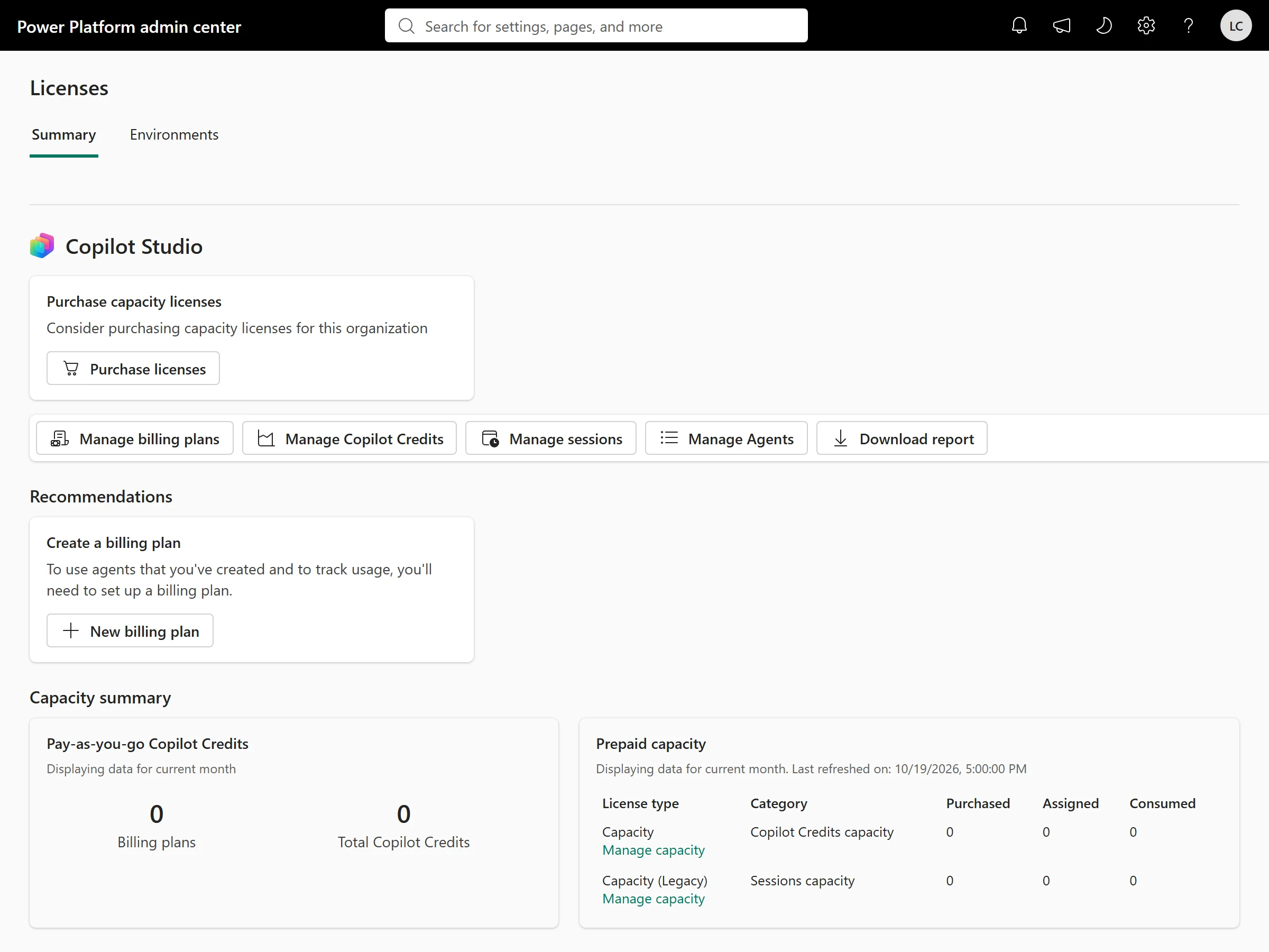 The Copilot Studio page under Licensing in the Power Platform admin center, with buttons for Manage billing plans, Manage Copilot Credits, Manage sessions, Manage Agents and Download report, and a capacity summary of pay-as-you-go credits and prepaid capacity.